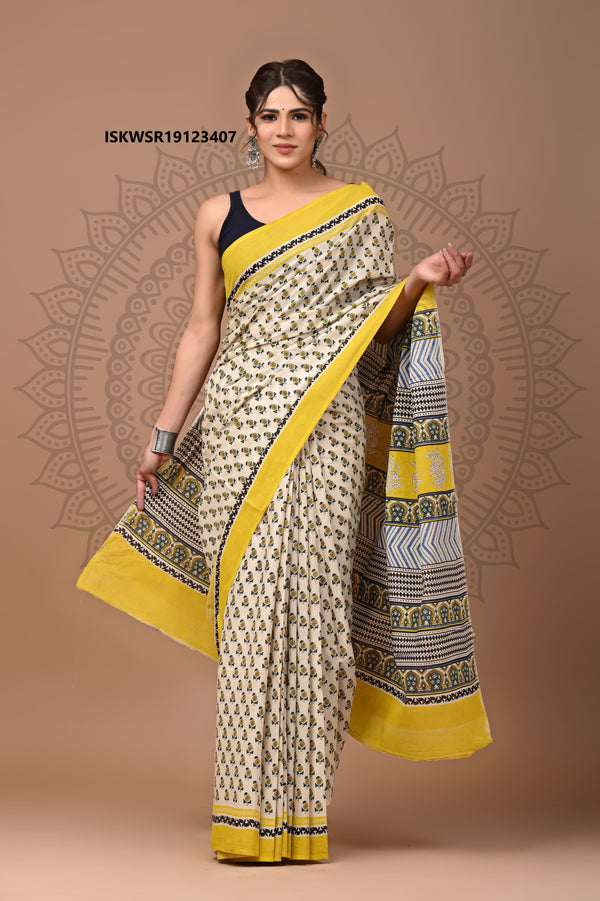 Bagru Hand Block Printed Cotton Saree With Blouse-ISKWSR19123407