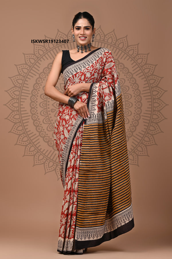 Bagru Hand Block Printed Cotton Saree With Blouse-ISKWSR19123407