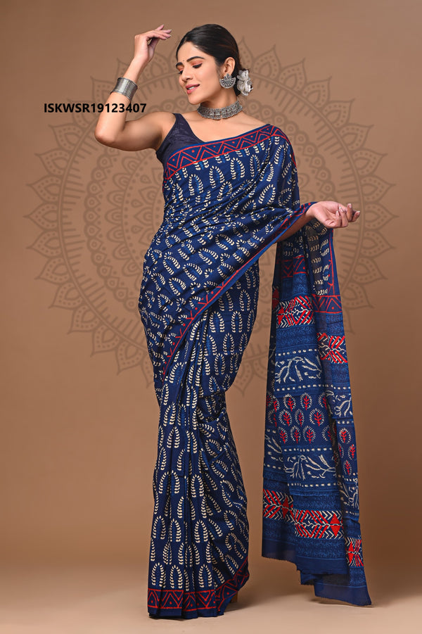 Bagru Hand Block Printed Cotton Saree With Blouse-ISKWSR19123407