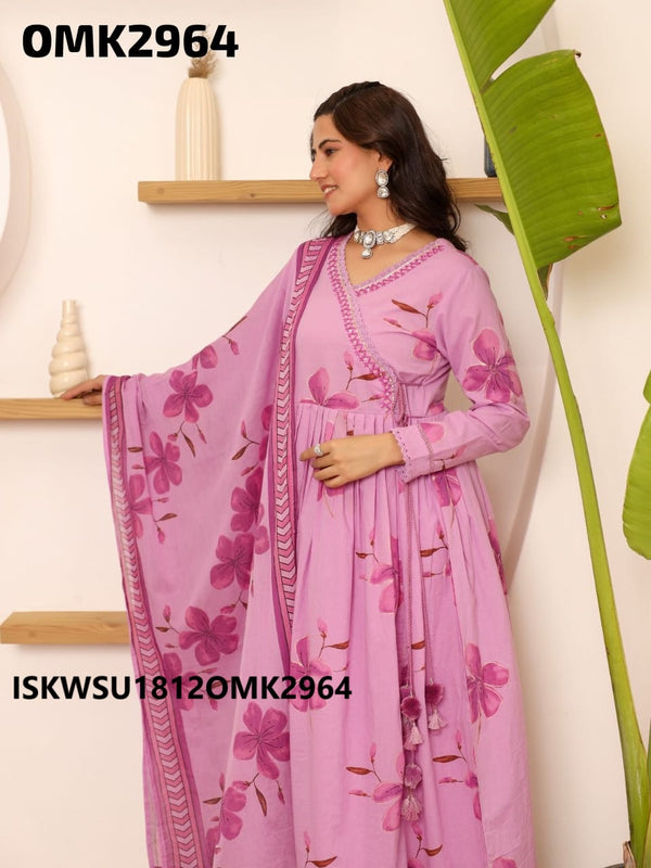 Digital Floral Printed Cotton Anarkali Kurti With Pant And Floral Printed Dupatta-ISKWSU1812OMK2964