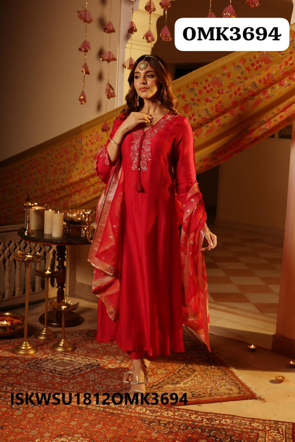 Embroidered Silk Kurti With Pant And Banarasi Silk Dupatta-ISKWSU1812OMK3694