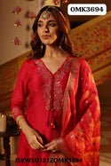 Embroidered Silk Kurti With Pant And Banarasi Silk Dupatta-ISKWSU1812OMK3694