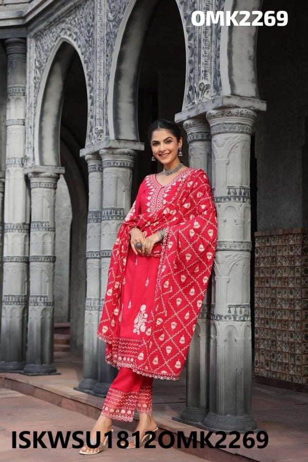 Embroidered Dobby Rayon Kurti With Cotton Pant And Kota Dupatta-ISKWSU1812OMK2269