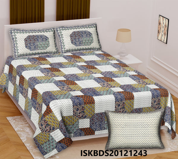 Ajrakh Printed Cotton King Size Bedsheet With Pillow Cover-ISKBDS20121243