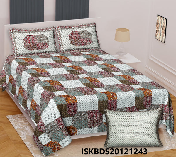 Ajrakh Printed Cotton King Size Bedsheet With Pillow Cover-ISKBDS20121243