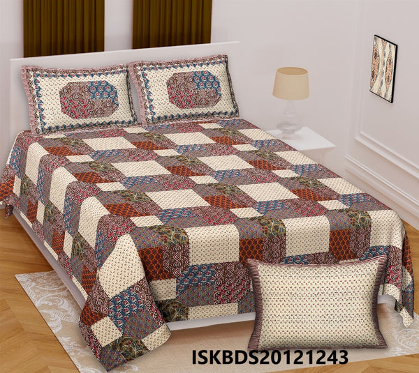 Ajrakh Printed Cotton King Size Bedsheet With Pillow Cover-ISKBDS20121243