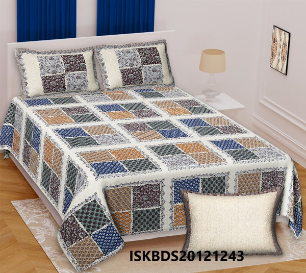 Ajrakh Printed Cotton King Size Bedsheet With Pillow Cover-ISKBDS20121243