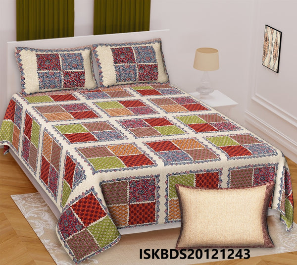 Ajrakh Printed Cotton King Size Bedsheet With Pillow Cover-ISKBDS20121243