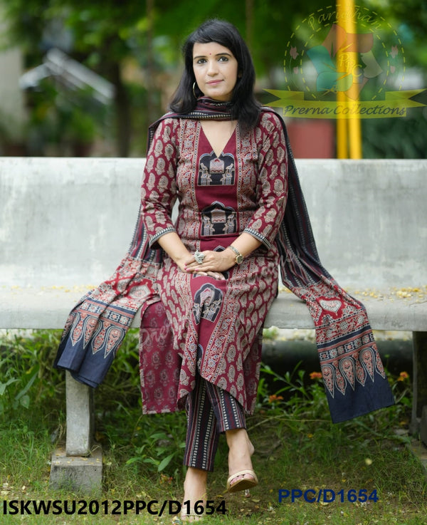 Hand Block Ajrakh Printed Cotton Kurti With Pant And Malmal Cotton Dupatta-ISKWSU2012PPC/D1654