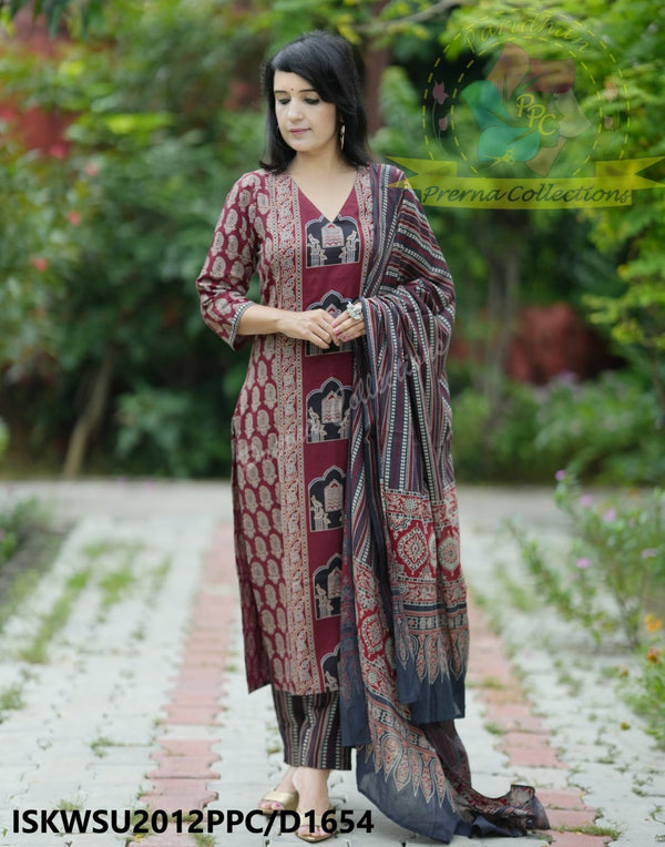 Hand Block Ajrakh Printed Cotton Kurti With Pant And Malmal Cotton Dupatta-ISKWSU2012PPC/D1654