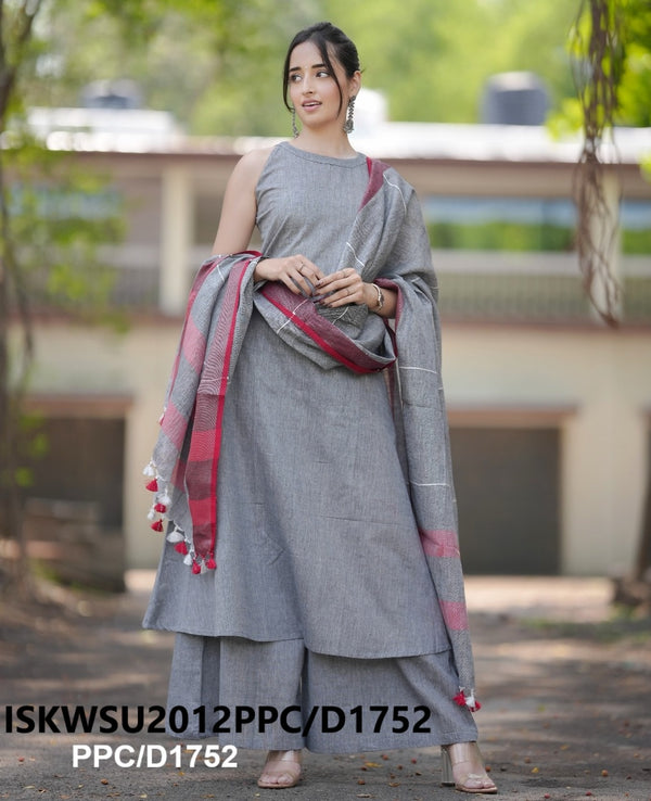 Handloom A-Line Kurti With Handloom Cotton Palazzo And Linen Dupatta-ISKWSU2012PPC/D1852