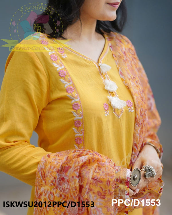 Embroidered Khadi Cotton Kurti With Pant And Hand Block Printed Kota Doriya Dupatta-ISKWSU2012PPC/D1553