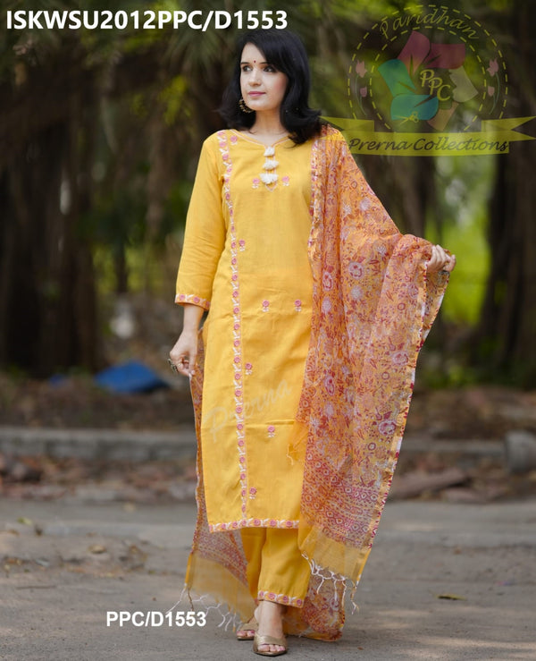 Embroidered Khadi Cotton Kurti With Pant And Hand Block Printed Kota Doriya Dupatta-ISKWSU2012PPC/D1553