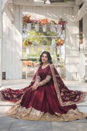 Embroidered Silk Gown With Dupatta-ISKWGN24123085