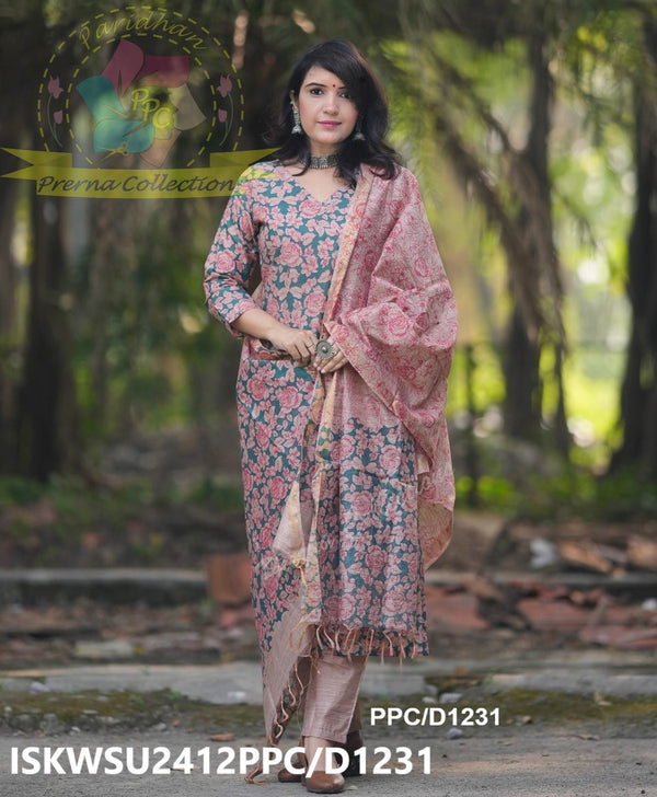 Kalamkari Printed Handloom Cotton Silk Kurti With Cotton Silk Pant And Dupatta-ISKWSU2412PPC/D1231