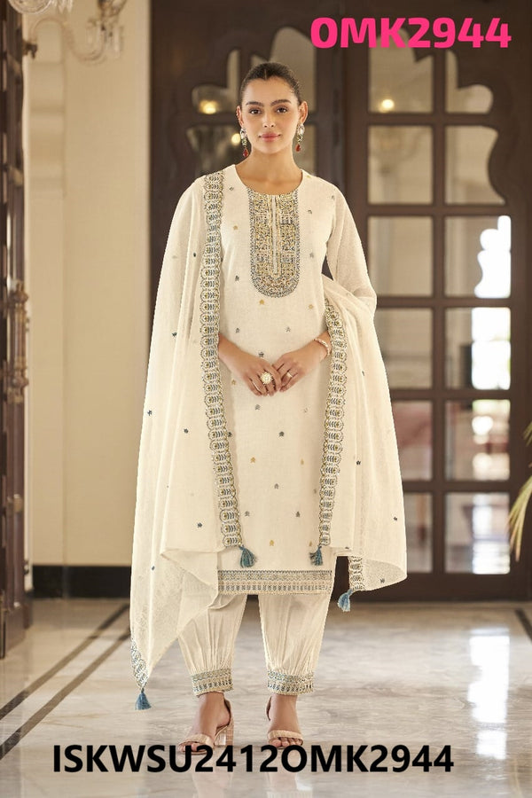 Embroidered Cotton Jacquard Kurti With Afghani Pant And Dupatta-ISKWSU2412OMK2944