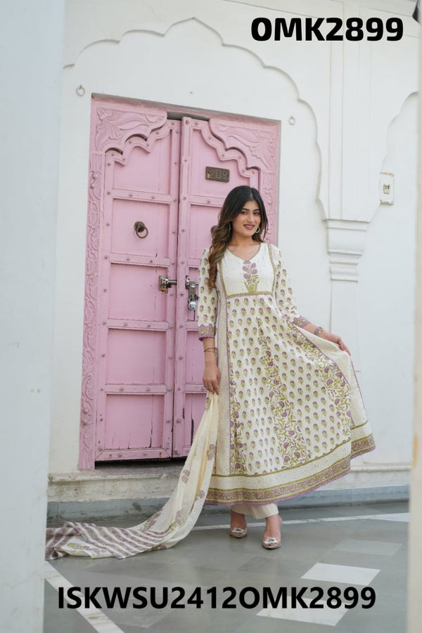 Digital Floral Block Printed Cotton Anarkali Kurti With Pant And Dupatta-ISKWSU2412OMK2899