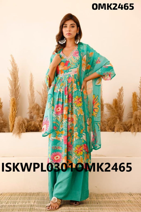 Digital Floral Printed Crepe Anarkali Kurti With Palazzo And And Dupatta-ISKWPL0301OMK2465