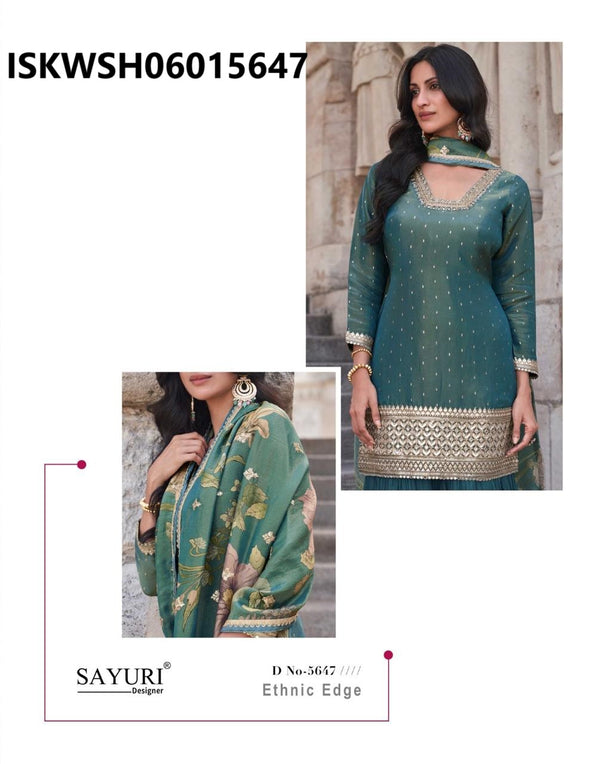 Embroidered Shimmer Kurti With Sharara And Printed Dupatta-ISKWSH06015647