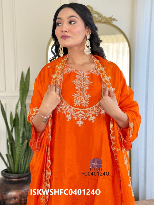 Embroidered Dola Silk Kurti With Sharara And Organza Dupatta-ISKWSHFC040124O