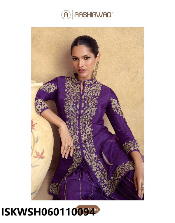 Embroidered Chinon Silk Kurti With Sharara And Net Dupatta-ISKWSH060110094