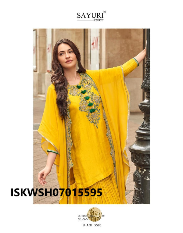 Embroidered Silk Kurti With Georgette Sharara And Organza Silk Dupatta-ISKWSH07015595