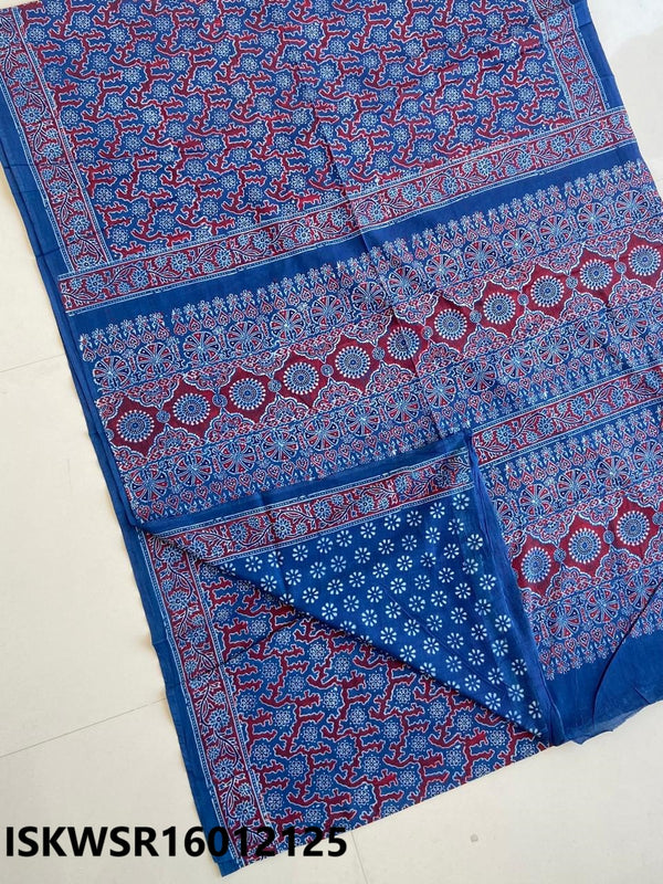 Ajrakh Hand Block Printed Malmal Cotton Saree With Blouse-ISKWSR16012125