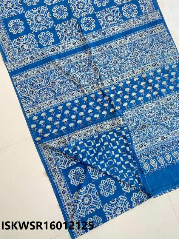 Ajrakh Hand Block Printed Malmal Cotton Saree With Blouse-ISKWSR16012125