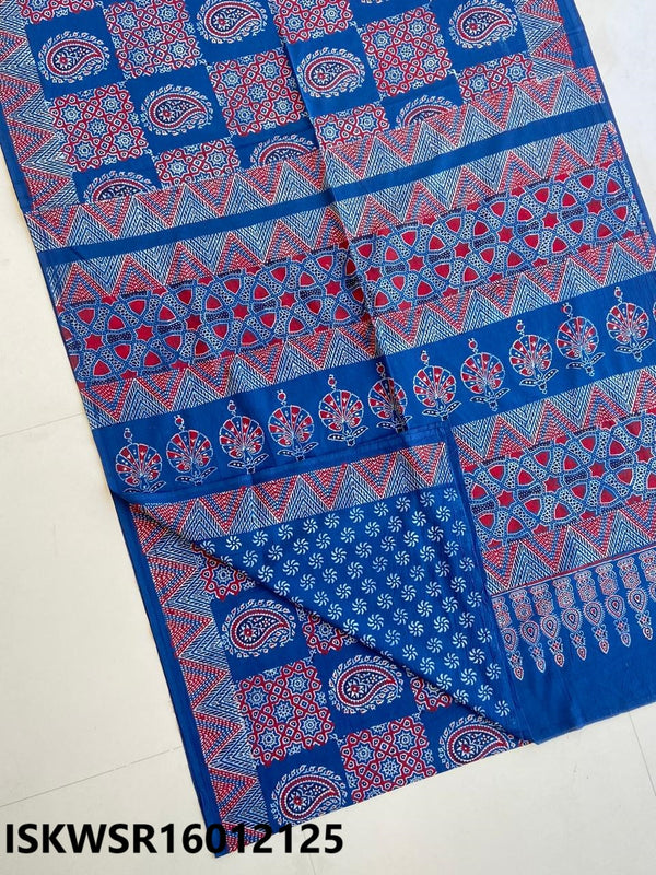 Ajrakh Hand Block Printed Malmal Cotton Saree With Blouse-ISKWSR16012125