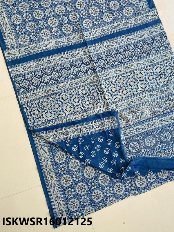 Ajrakh Hand Block Printed Malmal Cotton Saree With Blouse-ISKWSR16012125