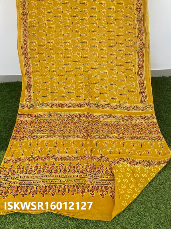 Ajrakh Hand Block Printed Malmal Cotton Saree With Blouse-ISKWSR16012127