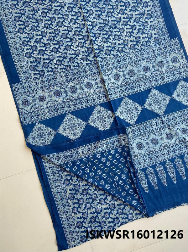 Ajrakh Hand Block Printed Malmal Cotton Saree With Blouse-ISKWSR16012126