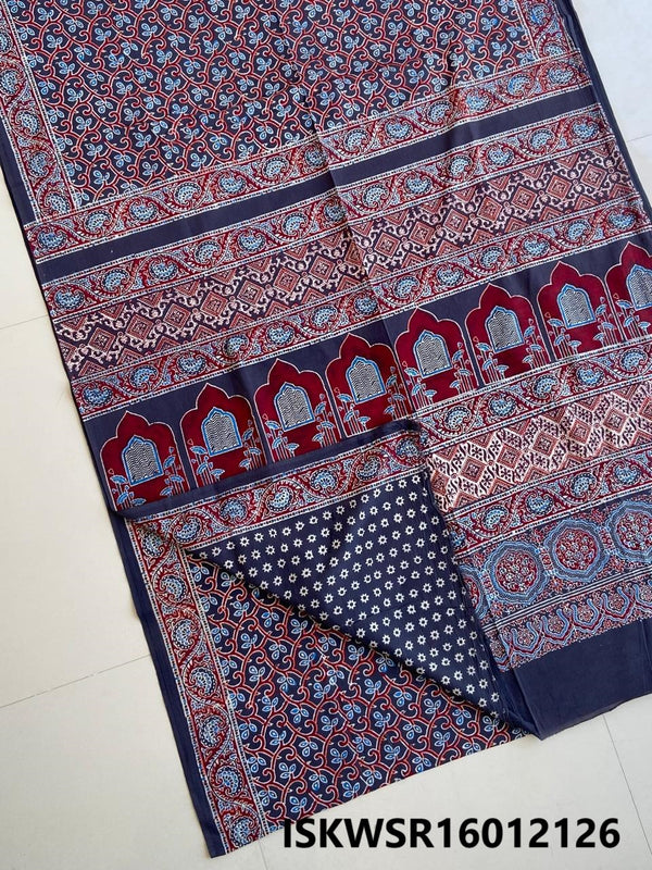 Ajrakh Hand Block Printed Malmal Cotton Saree With Blouse-ISKWSR16012126