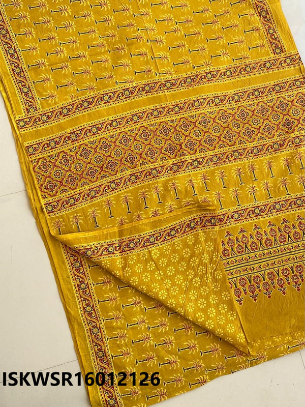 Ajrakh Hand Block Printed Malmal Cotton Saree With Blouse-ISKWSR16012126