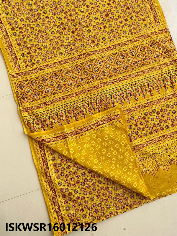 Ajrakh Hand Block Printed Malmal Cotton Saree With Blouse-ISKWSR16012126