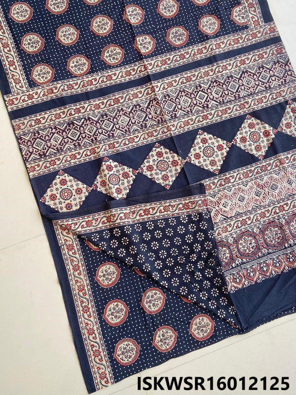 Ajrakh Hand Block Printed Malmal Cotton Saree With Blouse-ISKWSR16012125