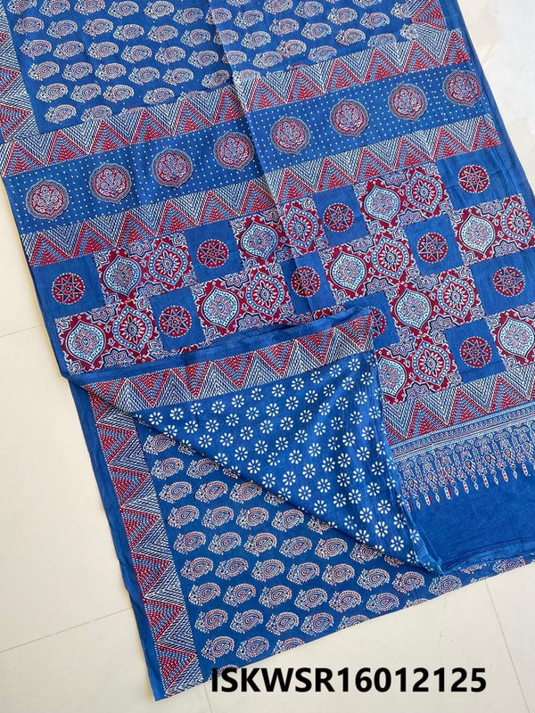 Ajrakh Hand Block Printed Malmal Cotton Saree With Blouse-ISKWSR16012125