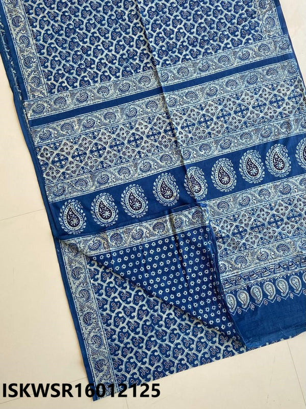 Ajrakh Hand Block Printed Malmal Cotton Saree With Blouse-ISKWSR16012125