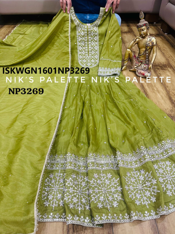 Embroidered Tissue Shimmer Silk Gown With Dupatta-ISKWGN1601NP3269