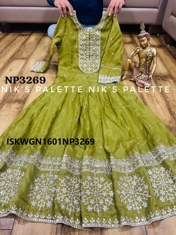 Embroidered Tissue Shimmer Silk Gown With Dupatta-ISKWGN1601NP3269