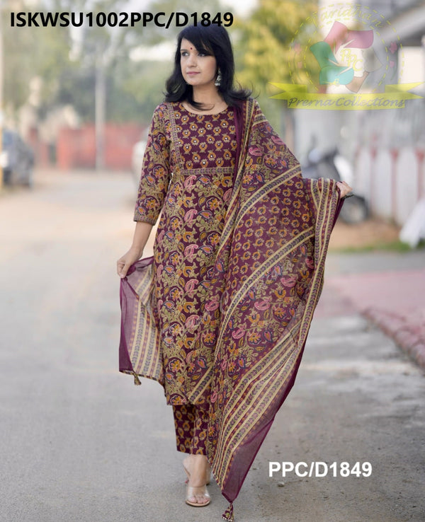 Kalamkari Printed Cotton Kurti With Pant And Malmal Cotton Dupatta-ISKWSU1002PPC/D1849