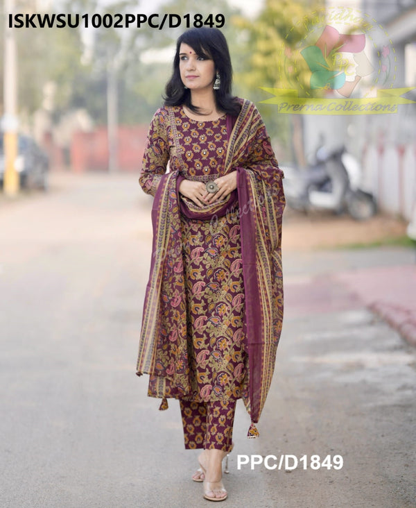 Kalamkari Printed Cotton Kurti With Pant And Malmal Cotton Dupatta-ISKWSU1002PPC/D1849