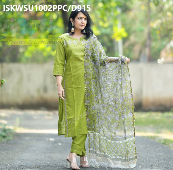 Embroidered Khadi Cotton Kurti With Pant And Hand Block Printed Kota Doriya Dupatta-ISKWSU1002PPC/D915