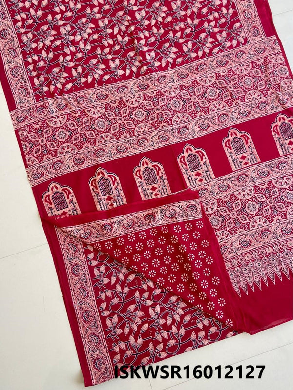 Ajrakh Hand Block Printed Malmal Cotton Saree With Blouse-ISKWSR16012127