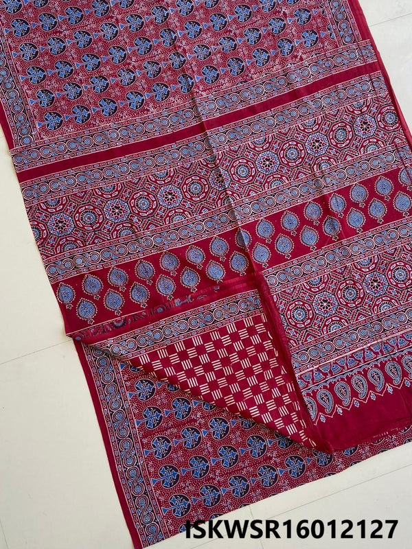 Ajrakh Hand Block Printed Malmal Cotton Saree With Blouse-ISKWSR16012127