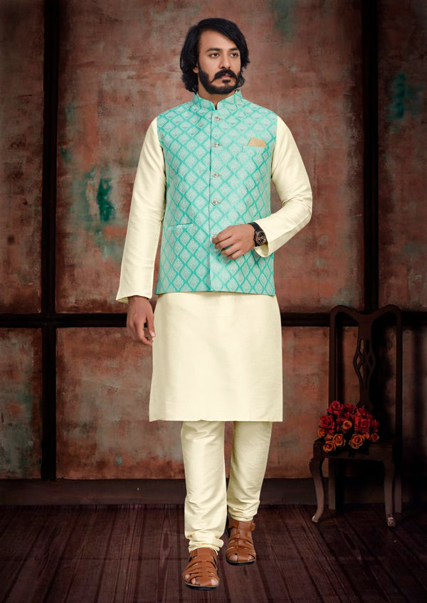 Art Silk Kurta With Pajama And Jacquard Koti