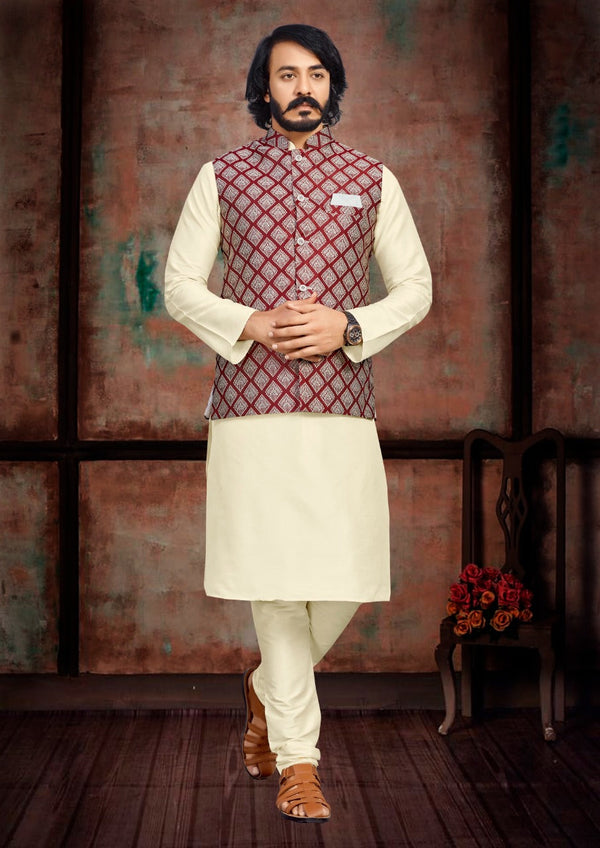 Art Silk Kurta With Pajama And Jacquard Koti